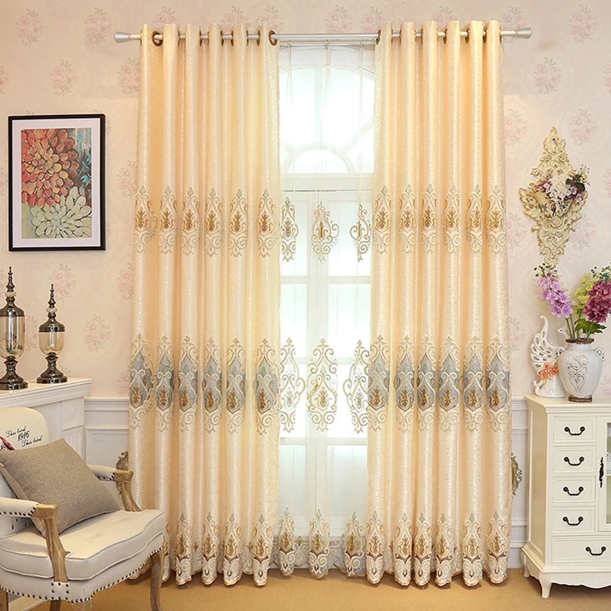 2 Panels Beige Embroidered Blackout Curtains, Vintage European Floral Jacquard Drapes, Grommet Top Privacy Thermal Window Curtains for Living Room Bedroom