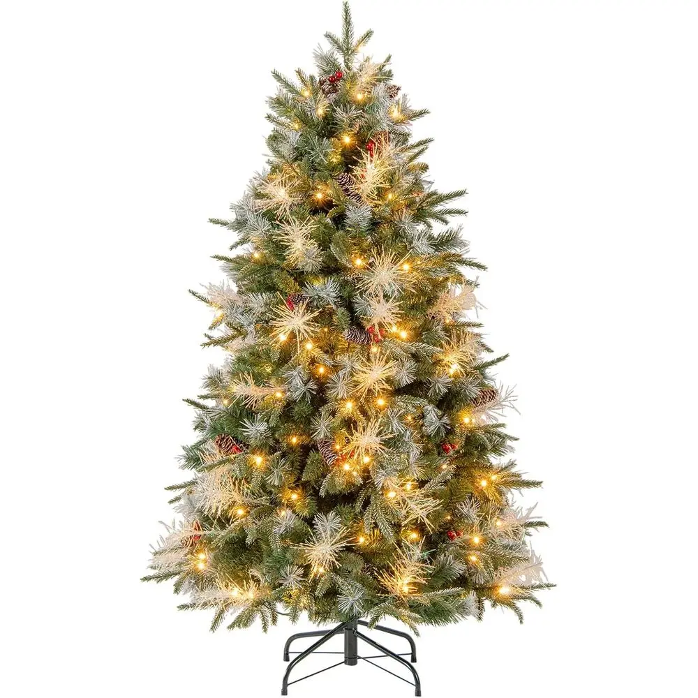 

Pre-Lit Artificial Christmas Tree, Hinged Xmas Tree with 190 Warm White LED Lights, 8 Feet, 602 Branch Tips, Pine Cones, Berries
