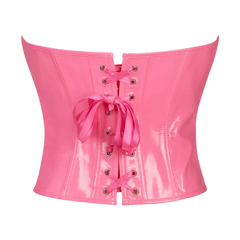 Womens Corset Pink Faux Leather Bustier Top Vintage Gothic PU Leather Burlesque Lingerie Sexy Shapewear Party Club Corselet