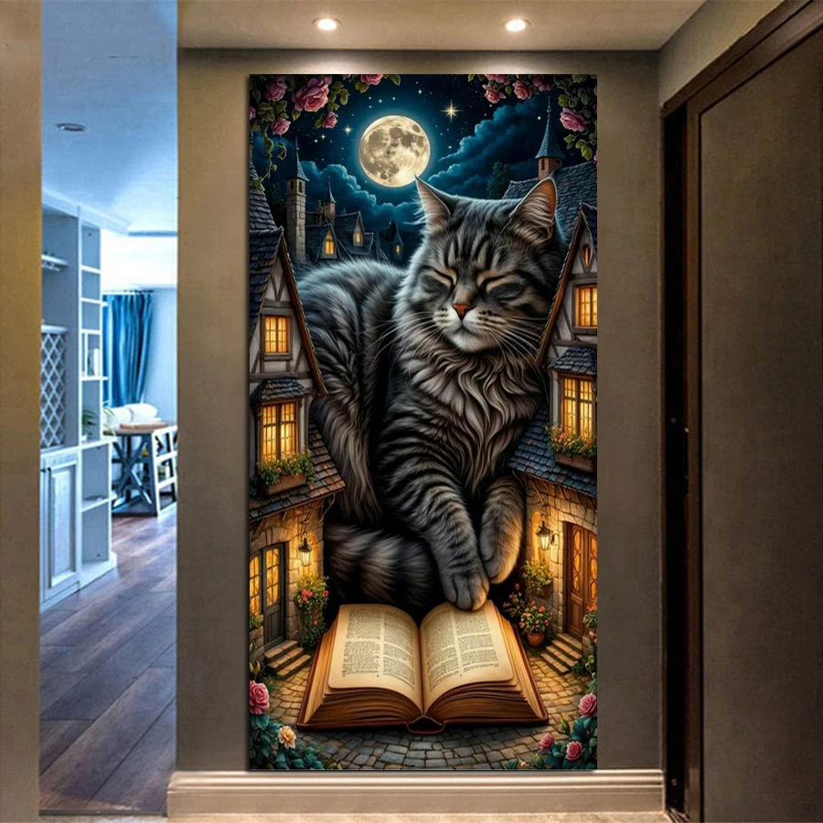 

Алмазная вышивка DIY: Спящая черная кошка на луне, большой размер, полная квадратная/круглая выкладка, мозаика, картина, декор для стен