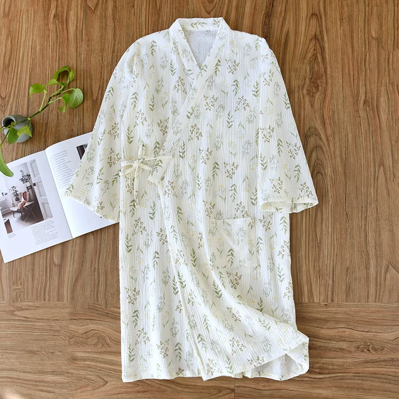 2024 Japanese Spring/Summer Kimono Women\'s Bathrobe 100% Cotton Crepe Kimono Nightgown Cute Home Robe Bath Robe Robes For Women