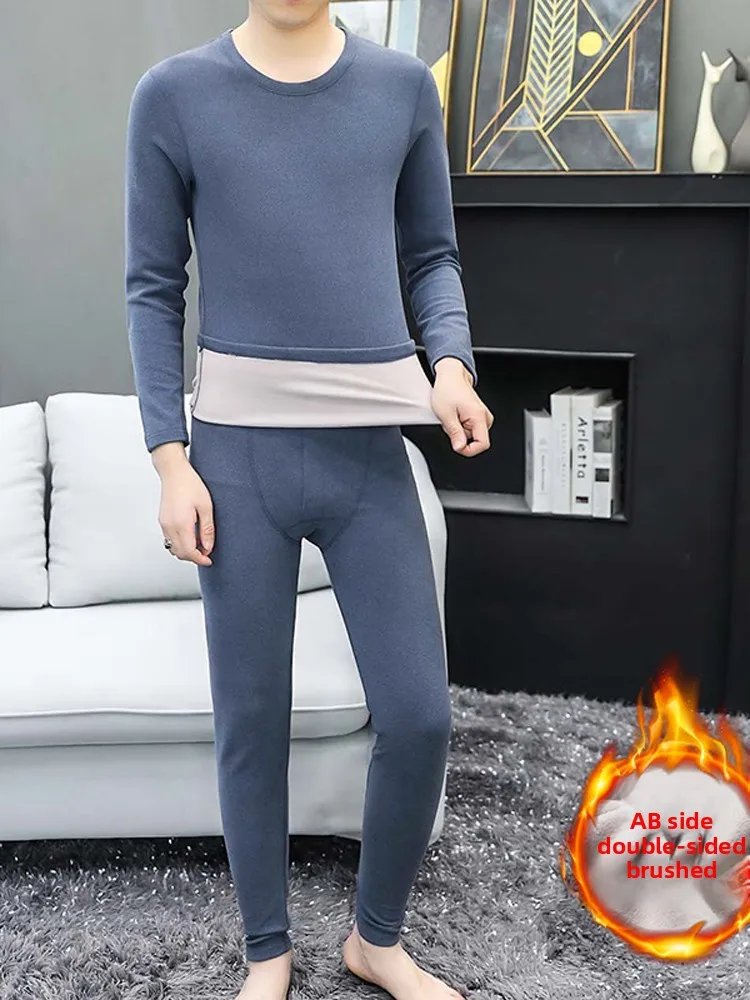 

Double-Sided German Velvet Warm Underwear Set for Men round Ne Pure Color Base irt Autumn Pants Winter Thermal Wear