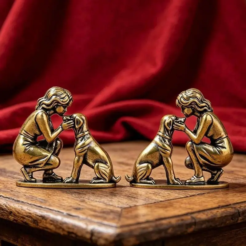 Vintage-Messingstatue von Mädchen und Hund, handgefertigt, fein geschnitzt, antik veredelt, Dekoration für Kinderzimmer, Wohnkultur, Geschenk für Feiertage. – Detail 6
