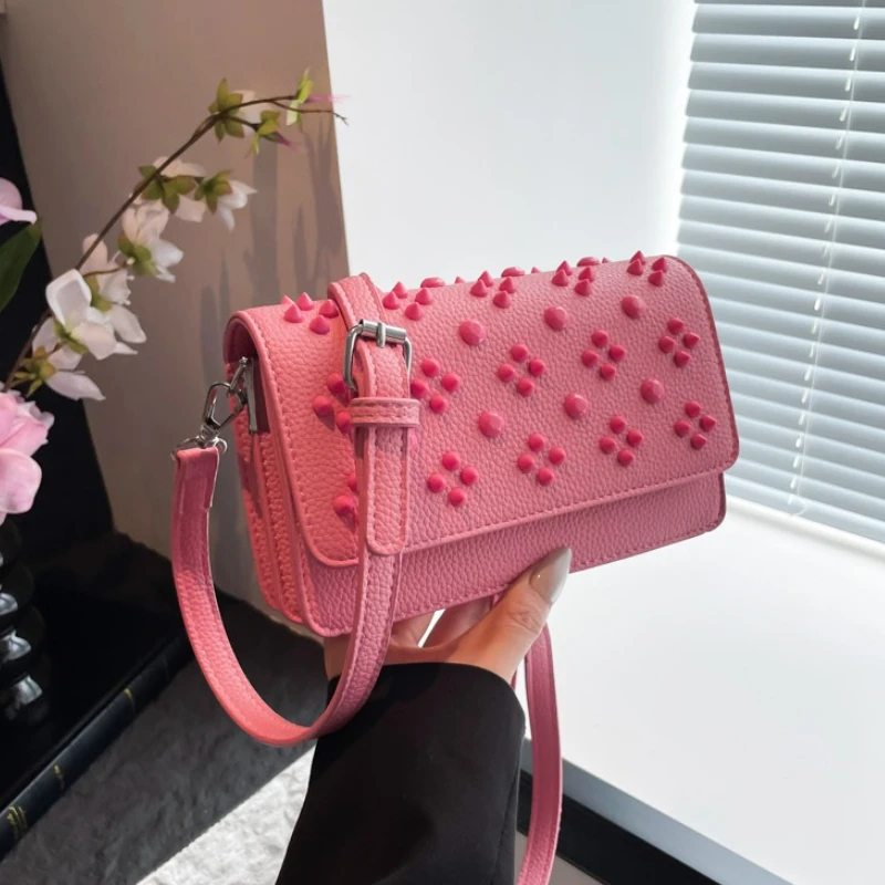 

Fashion Women PU Top Handle Bag Textured Casual and Versatile Crossbody Bag Studded Small Simple Commuting Square Luxury Bags