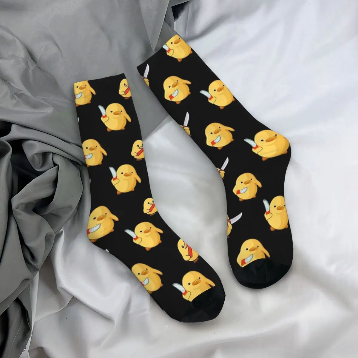 Harajuku Duck With Knife Duck You Basketball Socks Polyester Middle Tube Socks for Women Men Non-slip