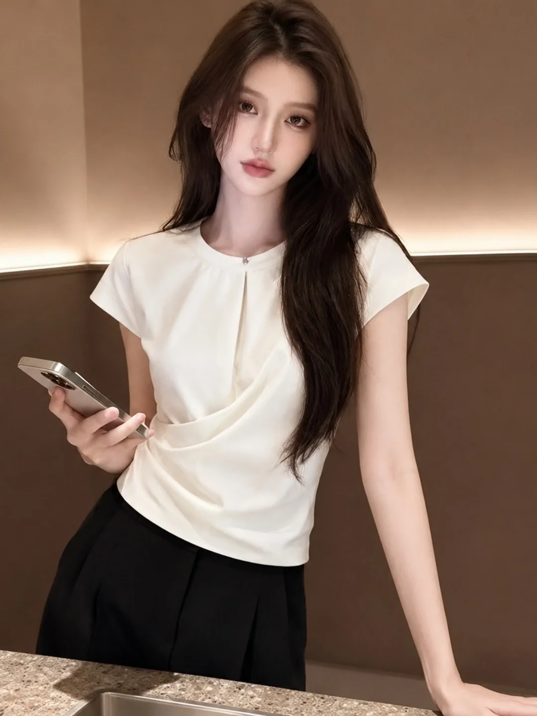 

Summer Soft round Neck Short Sleeve T-Shirt Commute Simple Elegance Women's Fashion Versatile Top Quality Silk Blend Blouse