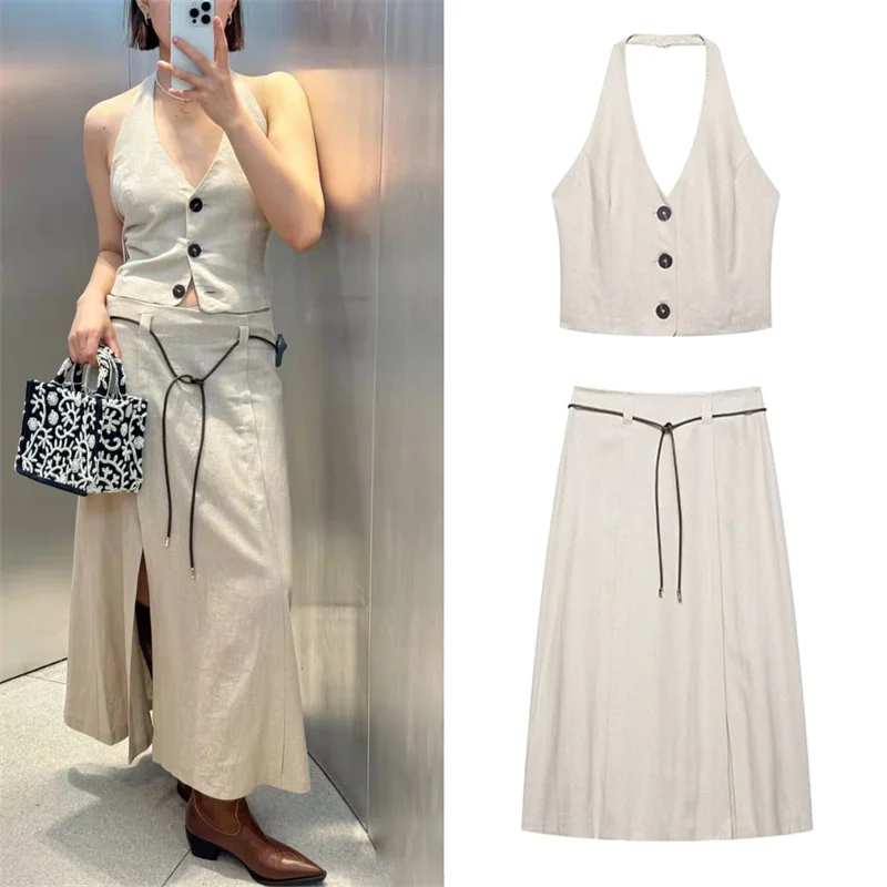 

Women's suit New Summer 2025 Halterneck top bust midi skirt suit Sexy open back Leg slit design Personality and fashion