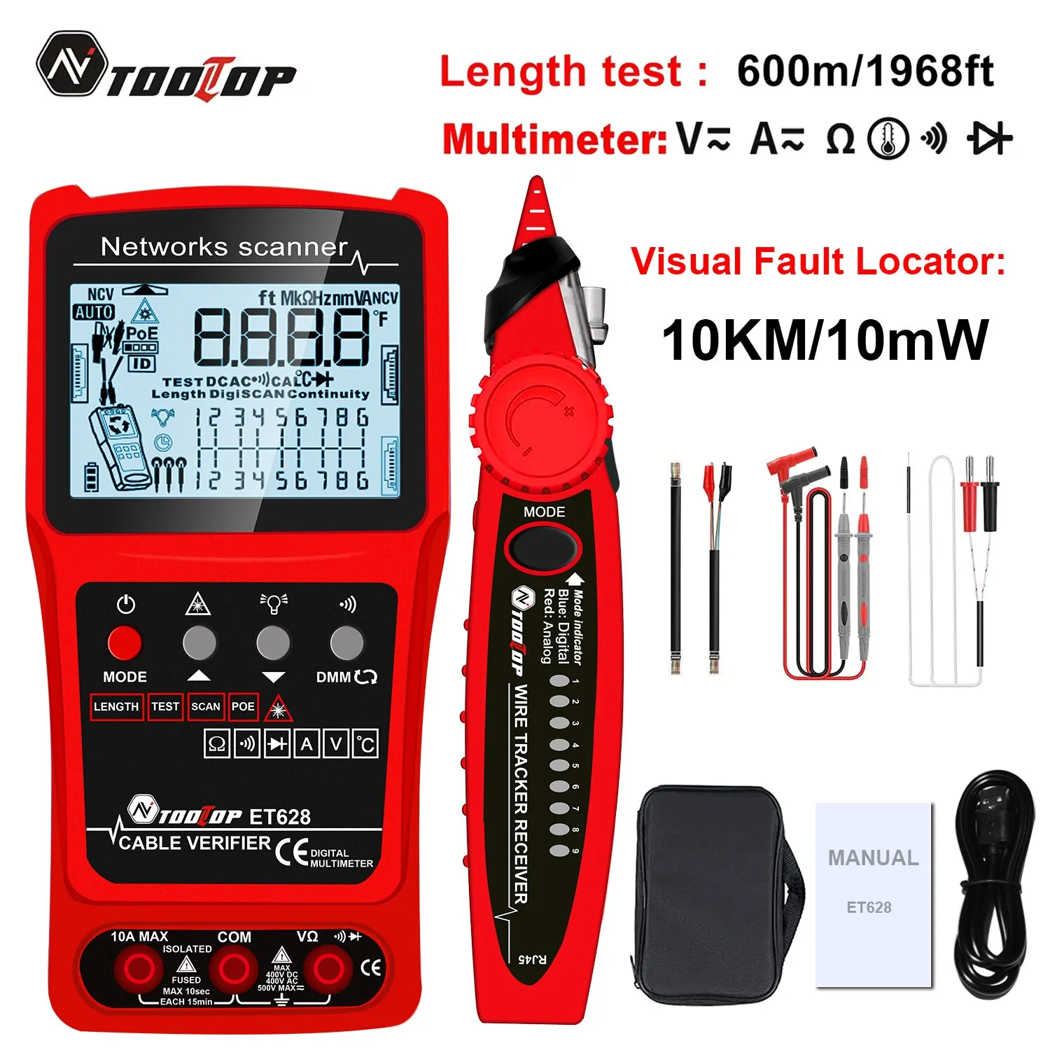 TOOLTOP Skaner sieciowy 3 w 1 Wizualny lokalizator usterek Multimetr Pomiar długości 600 m Mapowanie kabli Test POE Rj45 Lokalizator kabli LAN