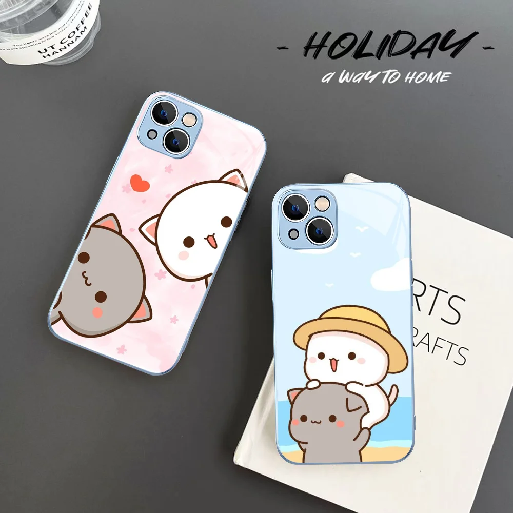 

Cartoon Peach Mochi Cat Phone Case For IPhone 14 13 12 Mini 11 Pro XS Max X XR 14 Plus Tempered Glass Cover