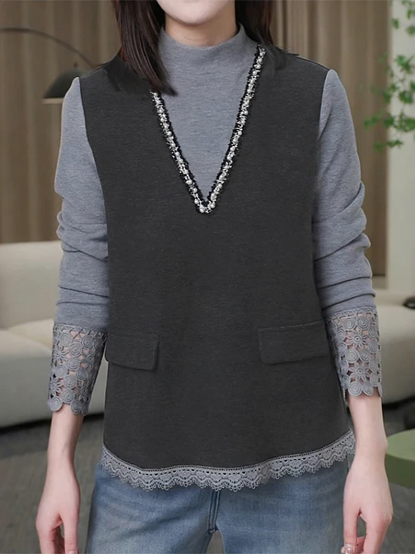 

Casual Style Lace Trim Splice Loose Fit High Collar Fake Two-Piece T-Shirt Women Winter New Style Slimming Top Trendy