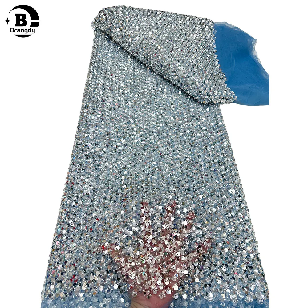 

African Beads Lace Fabric 2024 High Quality Sequins Groom Lace Fabric Embroidery For Women Christmas Wedding Party Dress R85036