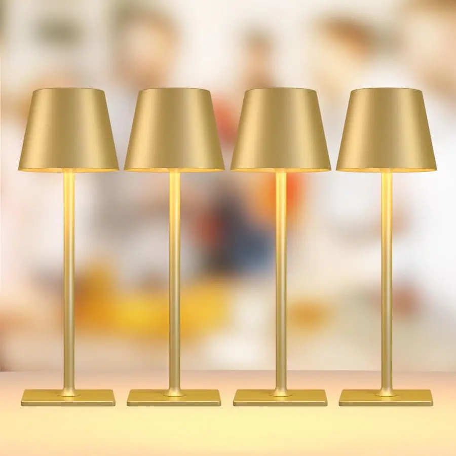 

Беспроводная настольная лампа Pack Gold с аккумулятором 6000 мАч, сенсорное управление, уличные настольные светильники, 3 цвета, плавная регулировка яркости, водонепроницаемая.