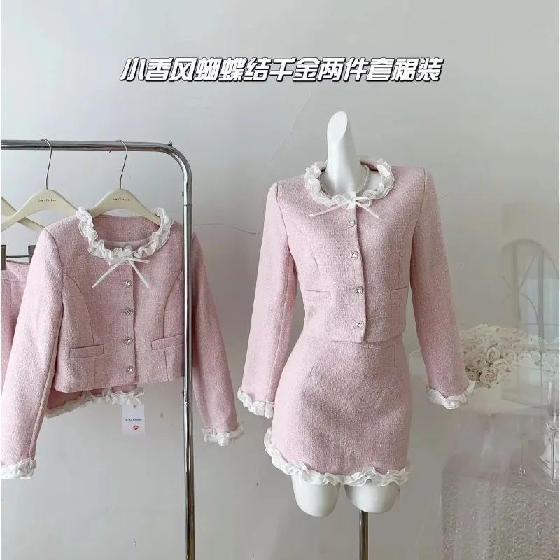 2025 Spring Autumn Elegant Women's Skirt Suits Korean Style Lace Patchwork Cardigan Jacket Short Skirt Tweed Two-piece Set Women