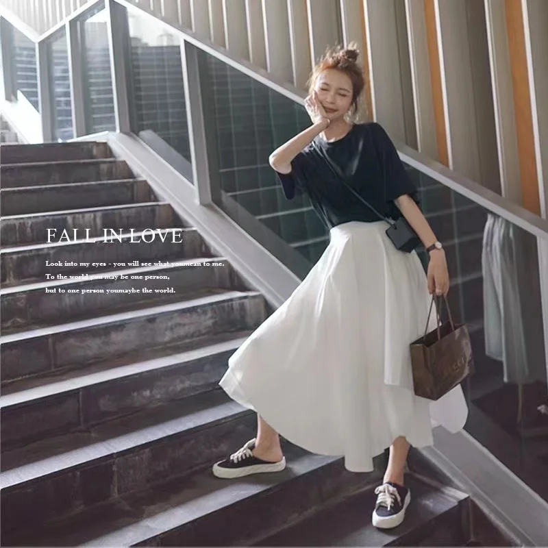 Korean Style High Waist Wide Leg Pants Nine Points Casual Trousers for Students Dark Style Spring Autumn Loose Fit Long Skirt