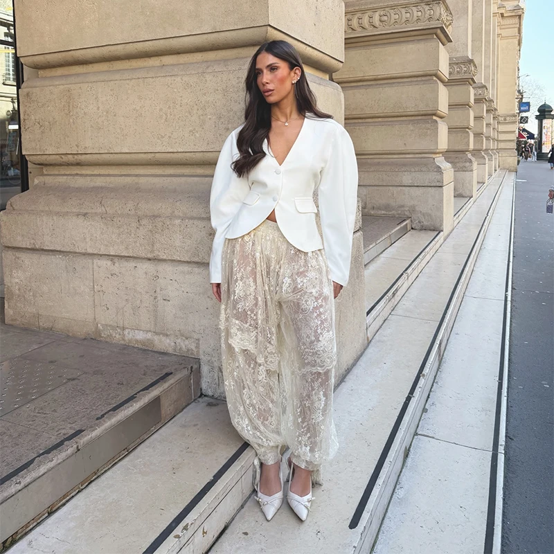 Modische Transparente Bedruckte Damenhose Strand-Spitzen-Patchwork Plissierte Schnürhose für Damen 2026 Sommer Herbst Damen-Unterteil Neu – Detail 5