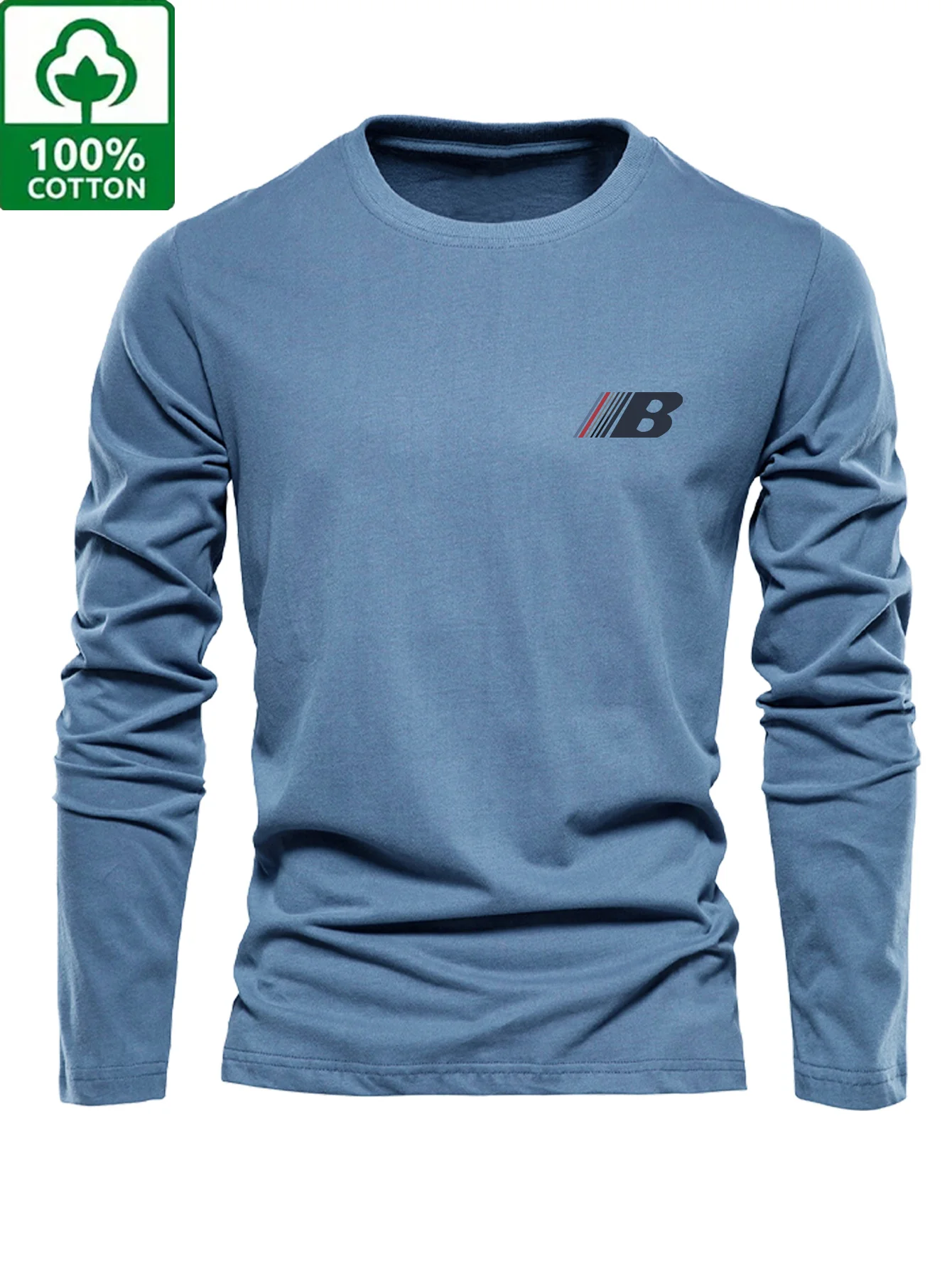 Men's 100% pure cotton loose and comfortable casual sports trend novel printed round neck long sleeved T-shirt versatile top