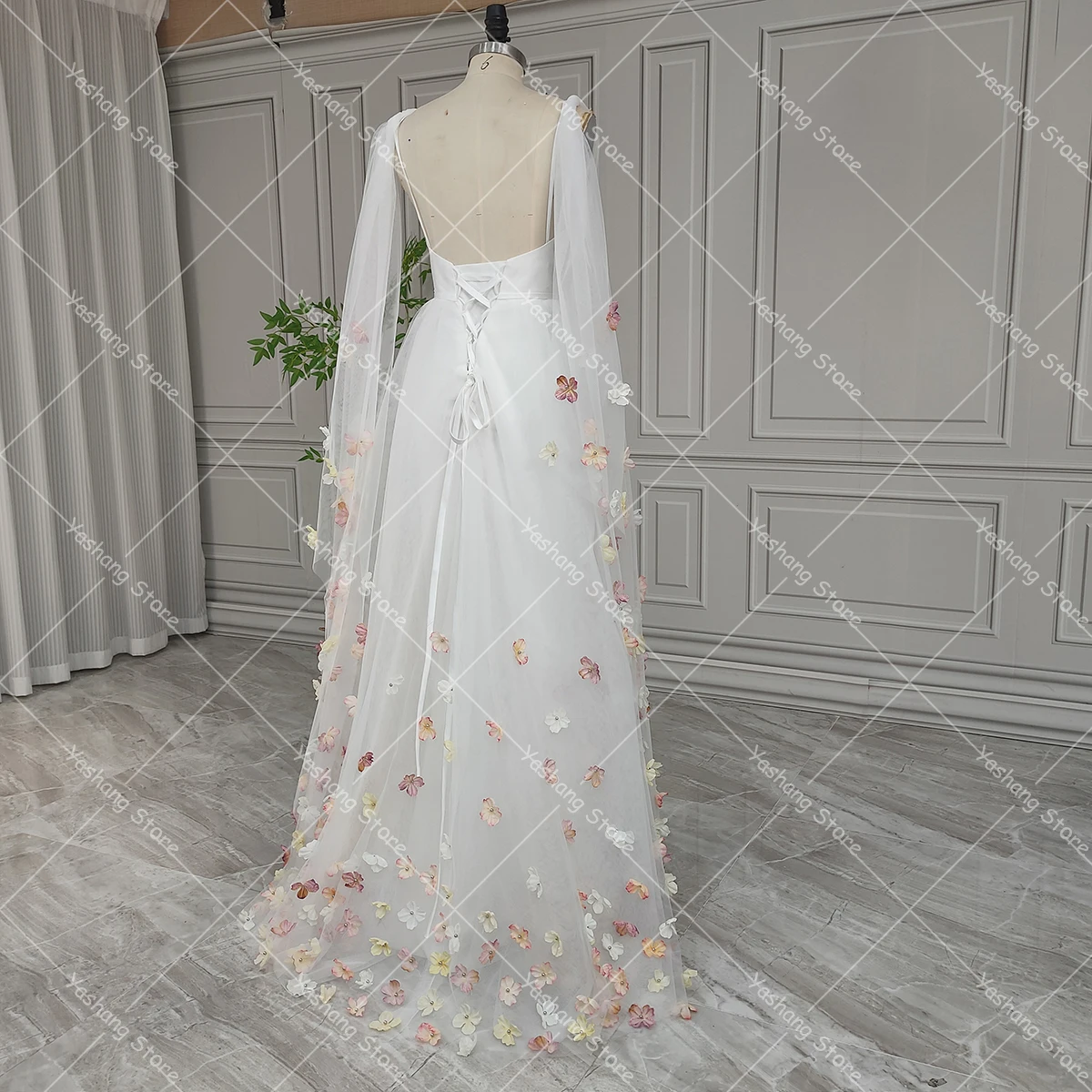 Long Wing Sleeves Colorful 3D Flowers Wedding Dress Romantic Large Size Corset Open Back V Neck Ruching Customized Bridal Gowns
