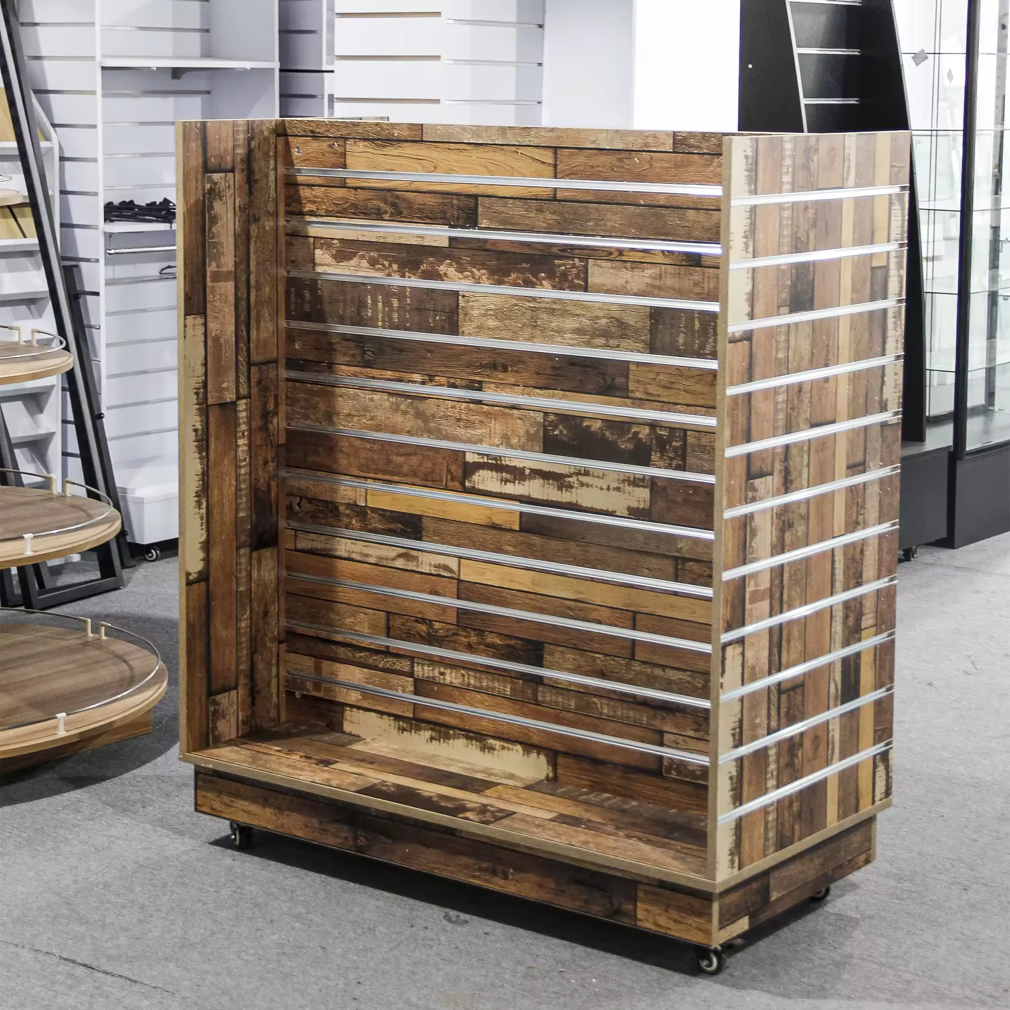 Custom.High Quality Double Sided H Shaped MDF Slatwall Display Stand - Warna Kayu