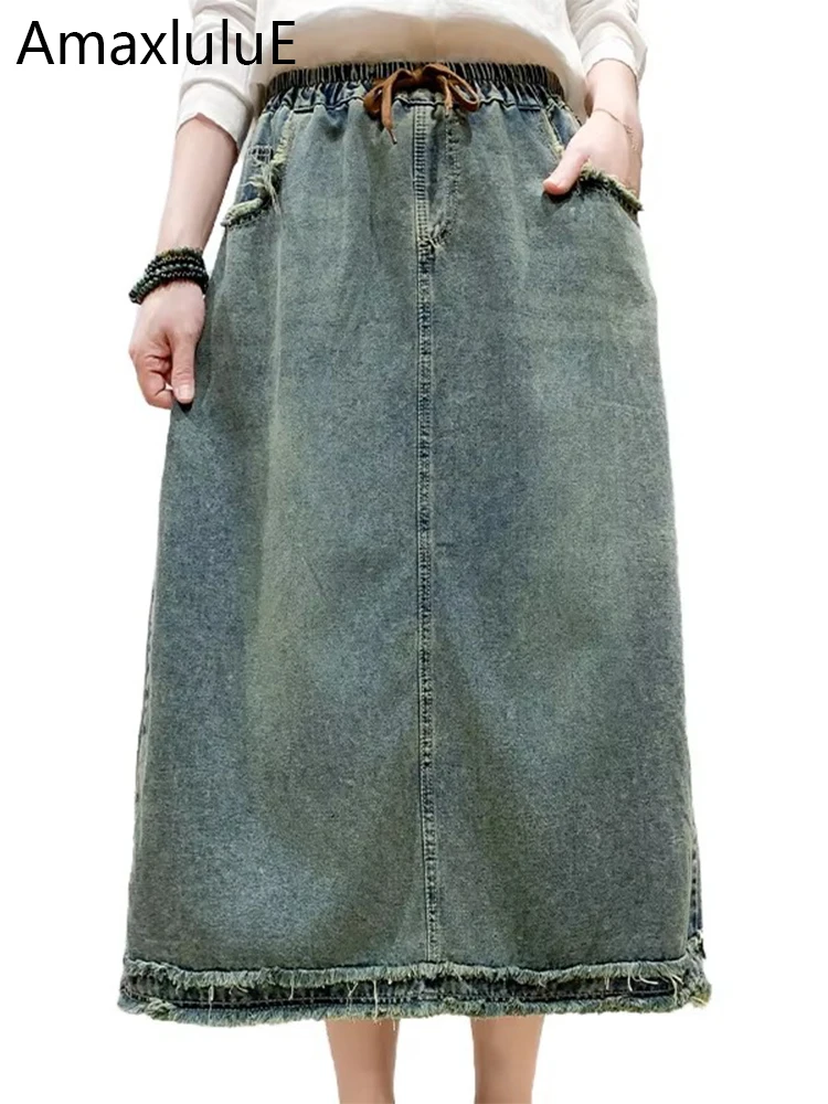 Amax luluE Brand Spring Female Vintage Denim Skirts Ladies Luxury Fashion Elastic Clothes Casual Classic Loose A-line Streetwear