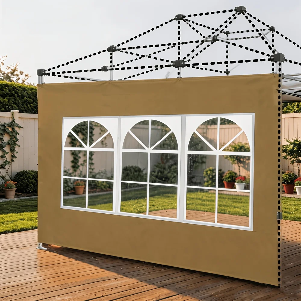 A 116-Inch Khaki Outdoor Tent Side Wall with Arched Transparent Viewing Window, Camping Windscreen, Sunshade Privacy Screen, Portable Windproof Tent Accessory for Park Picnics and Gatherings (Bracket Not Included)