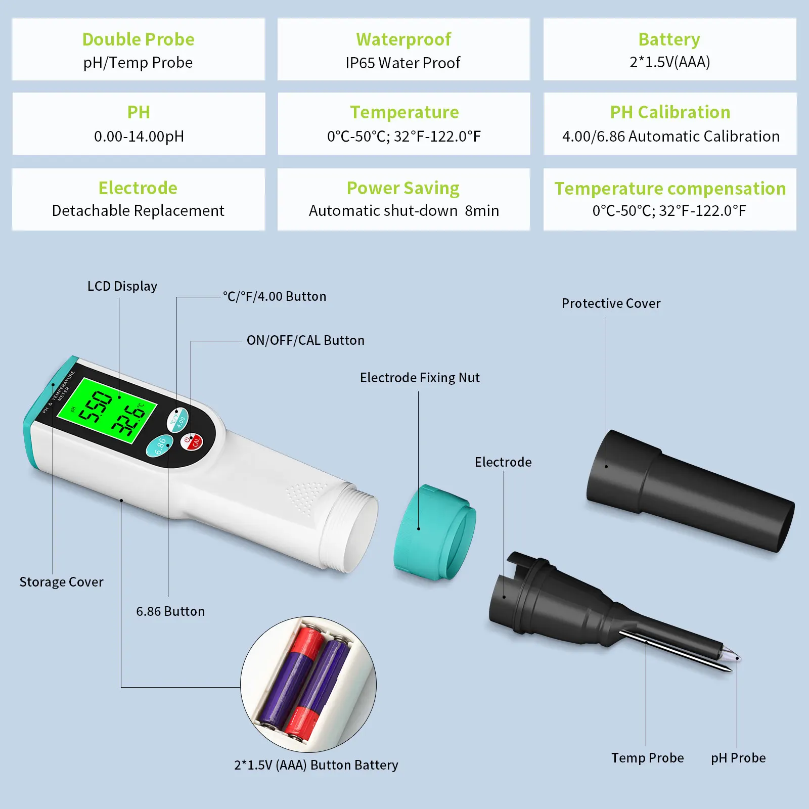 Medidor de PH del suelo de alta precisión 0,00 ~ 14.00pH Digital Temp acidez Analizador de Sensor de probador de suelo para plantación al aire libre