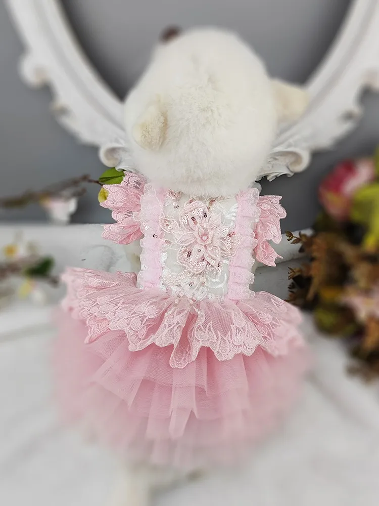 Handmade Dog Clothes Pet Supplies Unique Design Pearls Lace Pink Princess Dress Puffy Skirt Holiday Yorkie Meltese One Piece