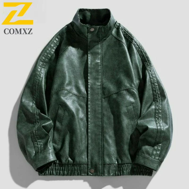 COMXZ Mens PU Leather Jacket 2025 New Premium Hiking Travel Windproof Coat Fashion Classic Stand Collar Comfort Leather Coats