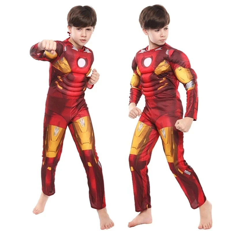 Costume Muscle Iron Man pour enfants, Smile Hero Cosplay, Combinaison, Masque, Gants, Halloween, Costume de batterie d'anniversaire, Cadeaux pour garçon