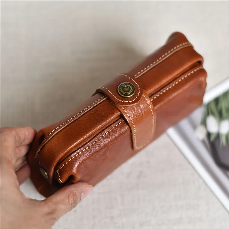 Simple vintage designer genuine leather women clutch cosmetic bag casual soft real cowhide small rencil coin purse storage bag