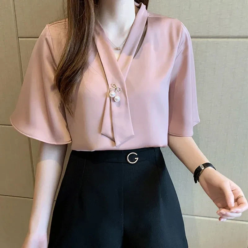 Women Chiffon Shirt Korean Elegant Pearl Loose Short Sleeve Female Blouse Summer Fashion New All Match Chic V Neck Ladies Tops