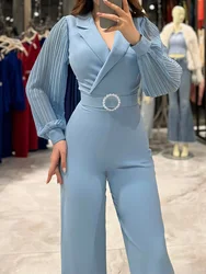 Autumn Simple Patchwork Solid Jumpsuits, Women Long Sleeve V Neck Fashion Playsuits, 2024 Wide Leg Pants Chic Ladies Bodysuits