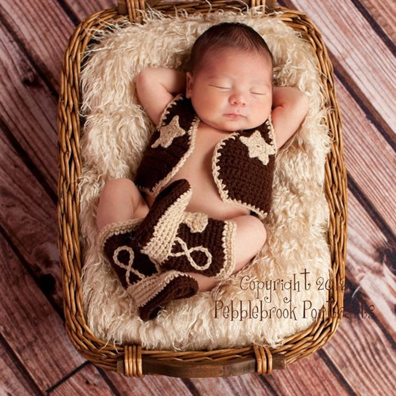 Handmade Newborn Photography Outfit Cowboy Costume Soft Wool Yarn Knitted Sweater Vest Boot Hat Prop for Photo Shoots