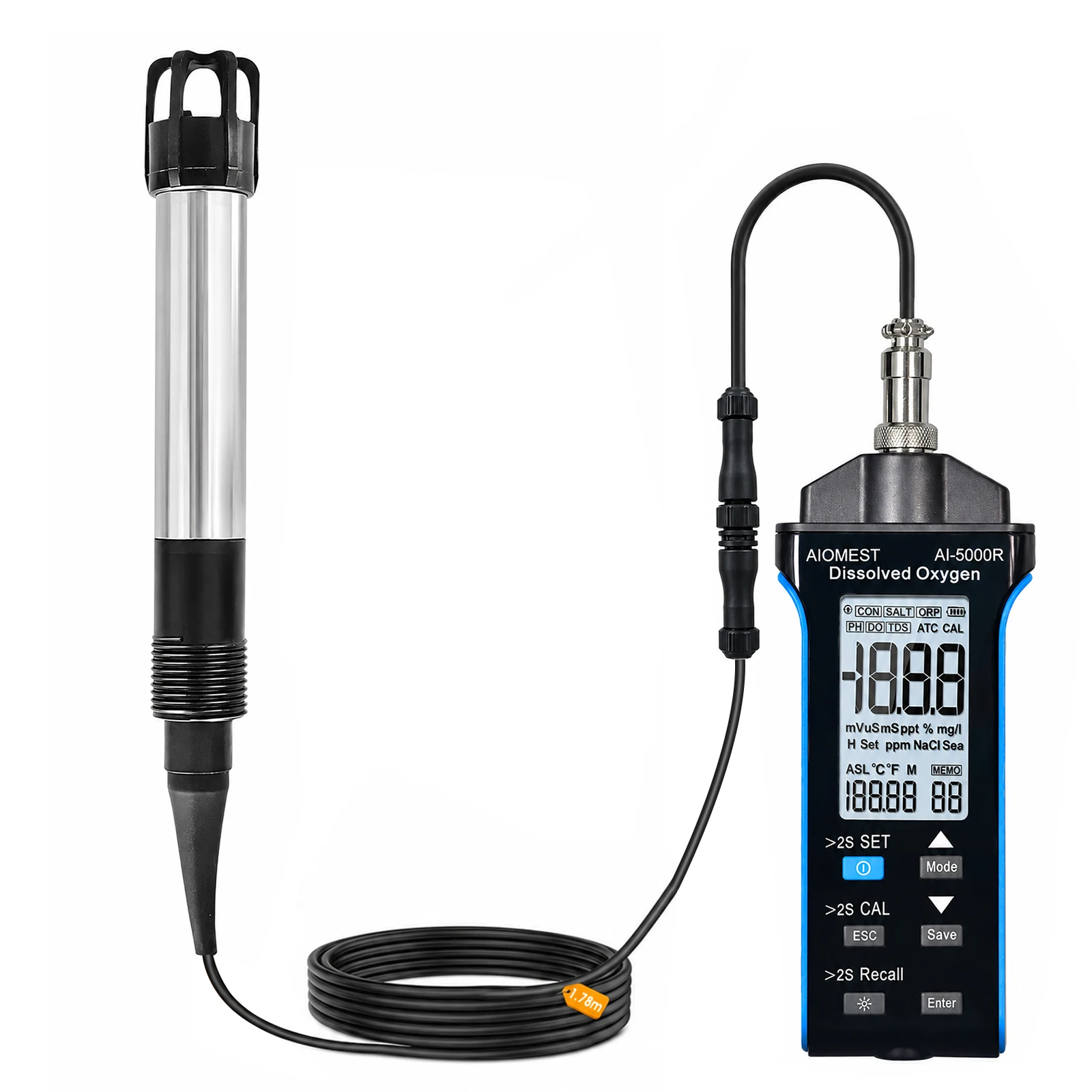 Holdpeak Dissolved Oxygen Meter 0 To 20mg/L 2 Meter Probe Fluorescence Salinity Compensation For Aquaculture Hydroponics