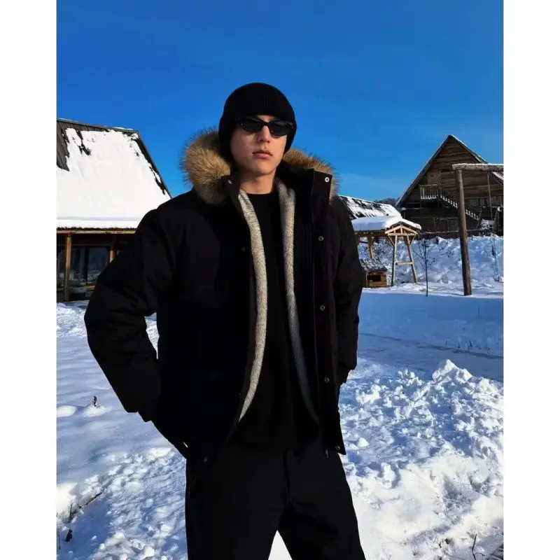 

Thiened ort Fur Lined down Jaet Men's Winter Warm Coat with Hood Har Environment Resistant Casual Sle Regular Fit