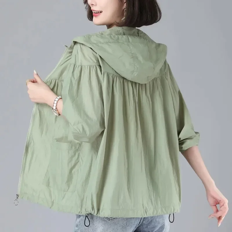 Loose Summer Thin Coat Women\'s Sun Protection Clothing 2022 New Fashion Mom Hooded Big Pocket Wild Jacket Female Outerwear