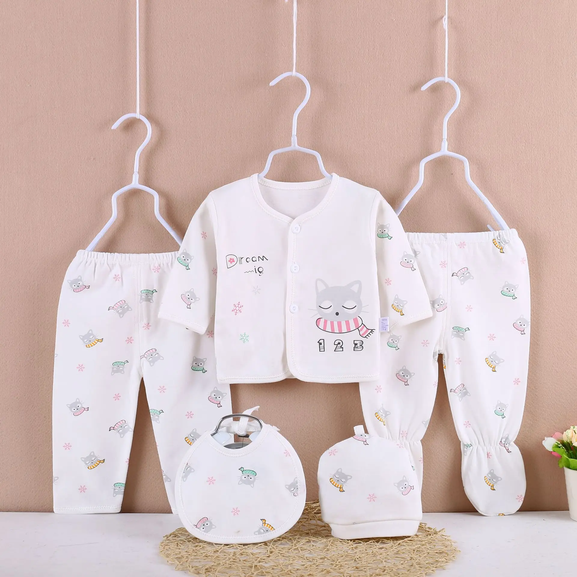 5Piece Spring Girls Clothes Boys Outfit Set Cartoon Cute Cotton Print Tops+Pants+Hat+Bibs Baby Stuff Newborn Hospital Set BC1825