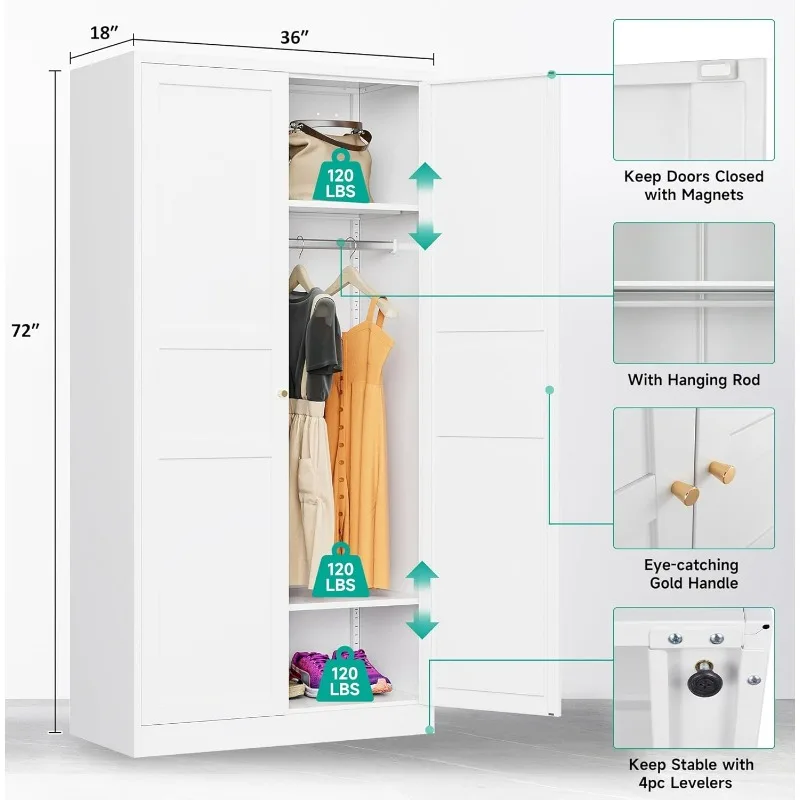 Metal Wardrobe Cabinet with Hanging Rod, Metal Clothing Storage Cabinet with Adjustable Shelves and Doors, 72 Inch Wardrobe