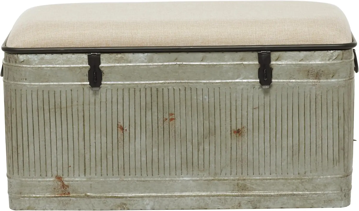 

Metal Room Storage Bench Galvanized Entryway Bench with Cream Burlap Top and Black Latches, Bench 38" x 16" x 19", Gray