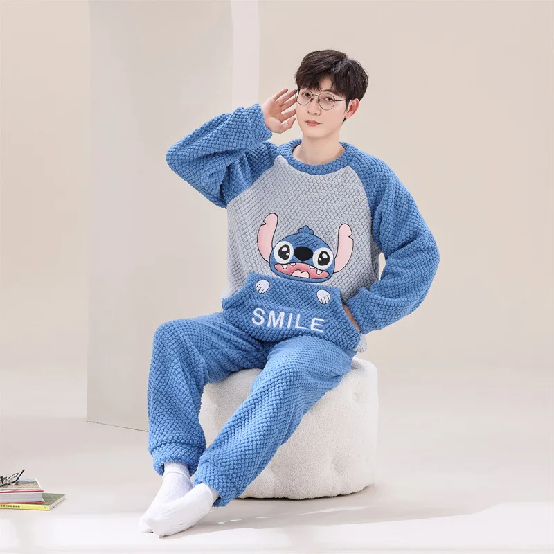 New Disney couple pajamas winter cartoon men\'s/women\'s coral fleece loose round neck Stitch loungewear women\'s pajamas