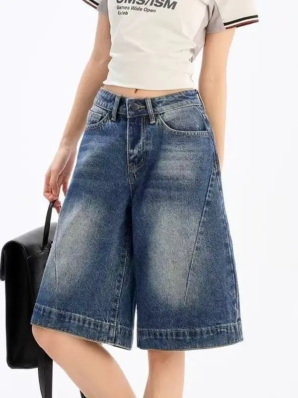 

Широкие джинсы с высокой талией, женские летние брюки в стиле ретро с пятью точками, новые свободные утягивающие брюки прямого кроя, модные