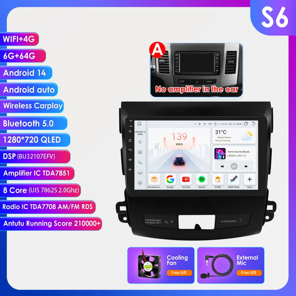 Hizpo 2 Din Android 14 autoradio multimediaspeler voor Mitsubishi Outlander 2 2005-2012 met Carplay, Android Auto, GPS, 360 graden camera, DSP en WiFi