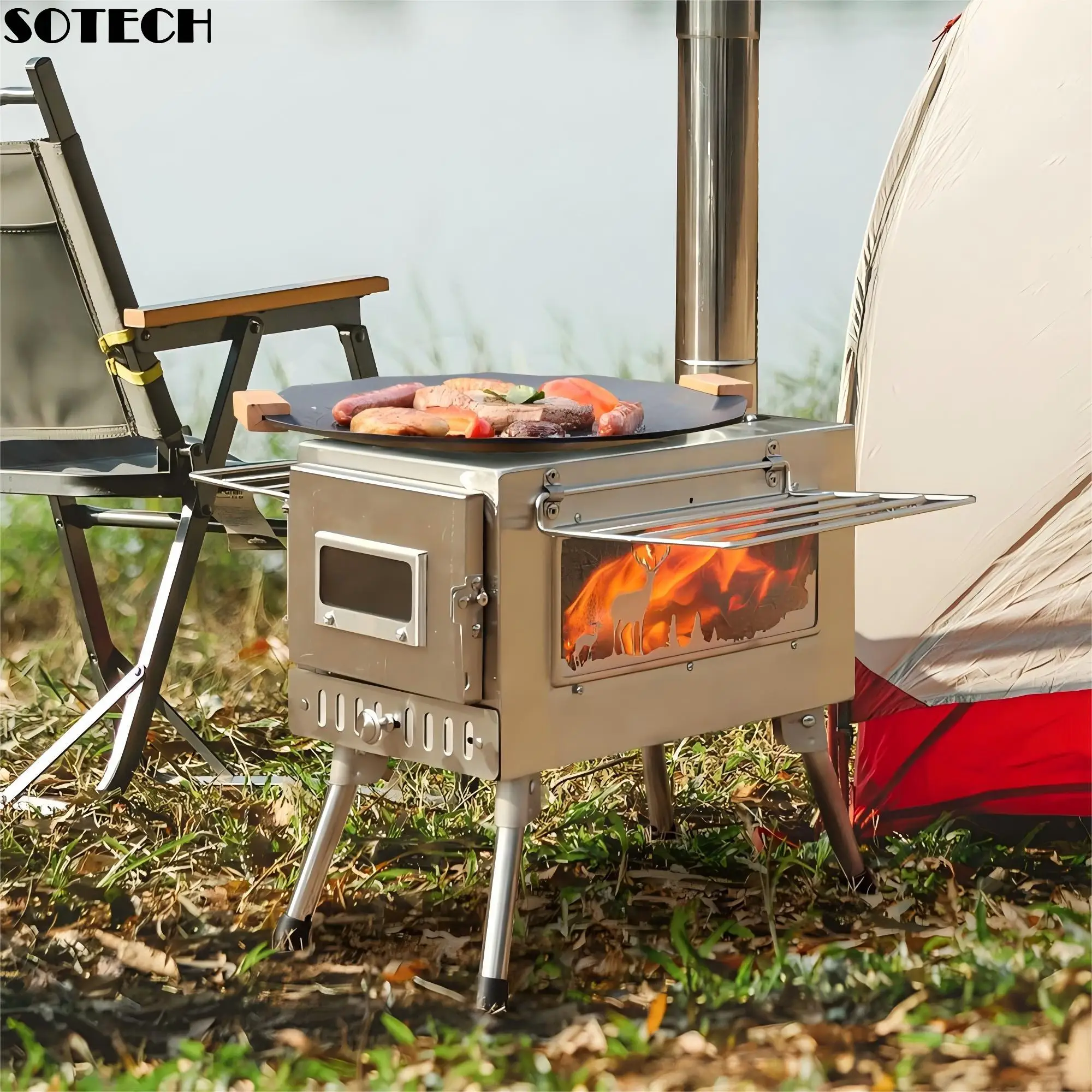 Outdoor Portable Tent Stove Camping Stainless Steel Wood Burning Stove Multifunctional Foldable Firewood Stove for Picnic Hiking