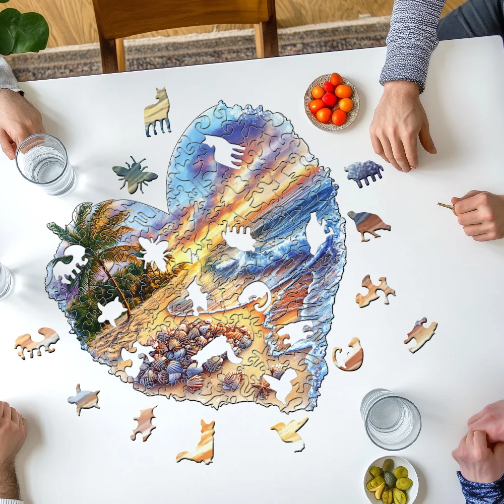 Hartvormige schelp strand houten puzzel |   Premium handgemaakt hersen-playspel met onregelmatige dierenvormen |   Luxe karton