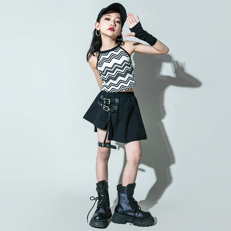 Mädchen Hip Hop Tanz Kleidung Kinder Welle Drucken Weiße Weste Top Bindung Rock Kinder Jazz Kleidung Straße Leistung Kostüm