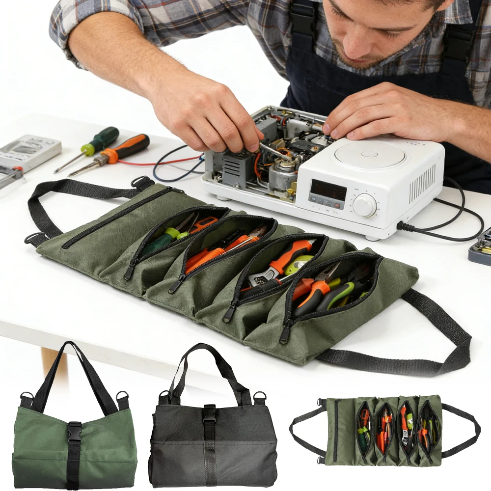 

Tool Roll Up Pouch Canvas Multi-Purpose Wrench Roll Up Bag Organizer with 5 Zipper Tool Pockets Hanging Carrier