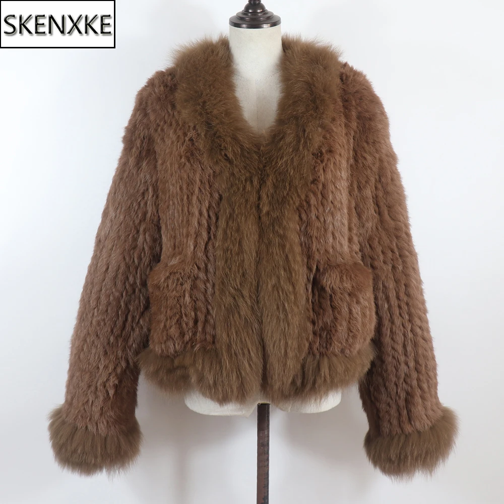 

Новая женская осенне-зимняя вязаная куртка из натурального кроличьего меха, куртка из 100% натурального кроличьего меха с воротником из лисьего меха, пальто для женщин
