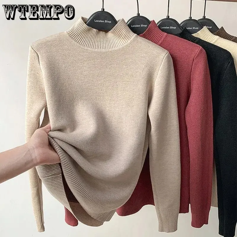 Turtleneck Sweater Slim Thick Fleece Sweaters Women's Winter Knitted Pullover Casual Fleece Lining Korean Thermal Knitted Top