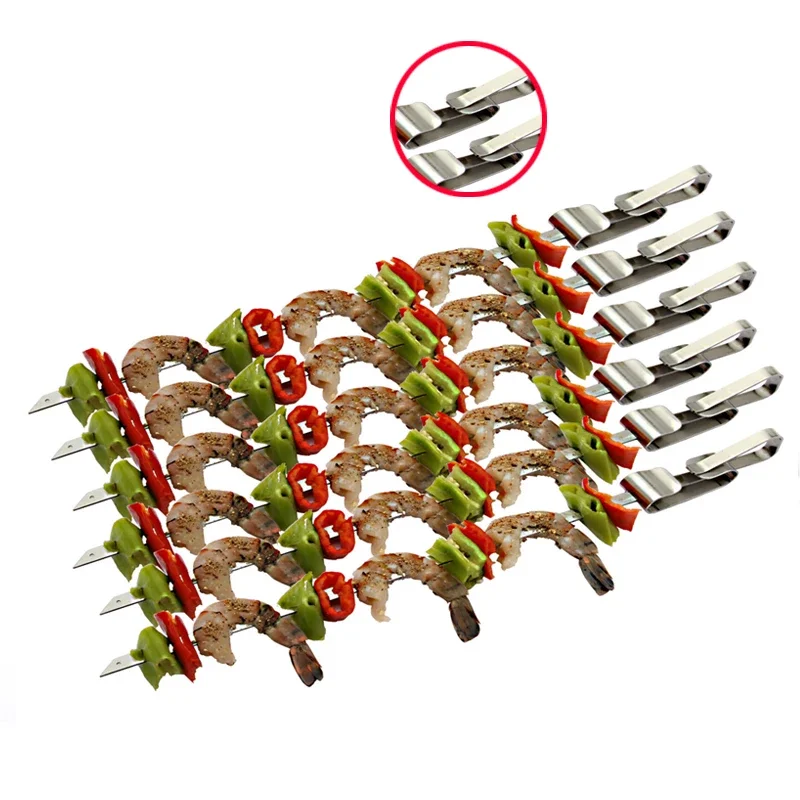 Heavy Stainless Steel Wide BBQ Kabob Skewer Flat BBQ Stick with Food Remover Disc Quick Release  for Shrimp Meat 1-4pcs 43cm