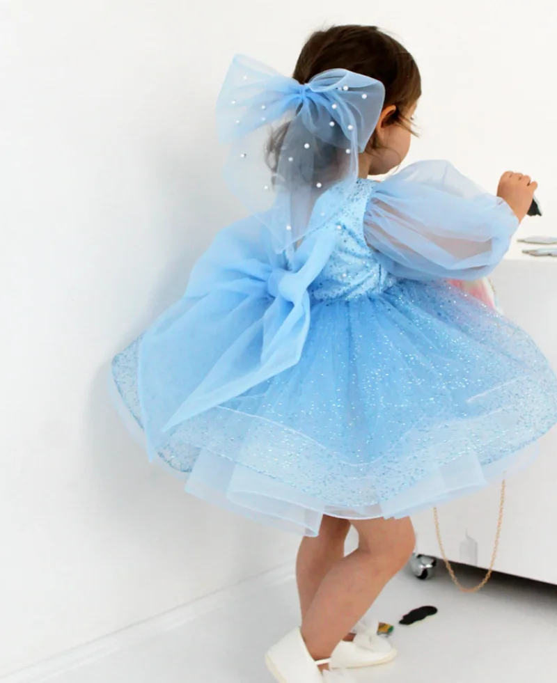 Vestido azul de flores para niña, tutú de primer cumpleaños infantil, vestido de princesa para niños pequeños, vestido de tul para ocasiones especiales con lazo grande