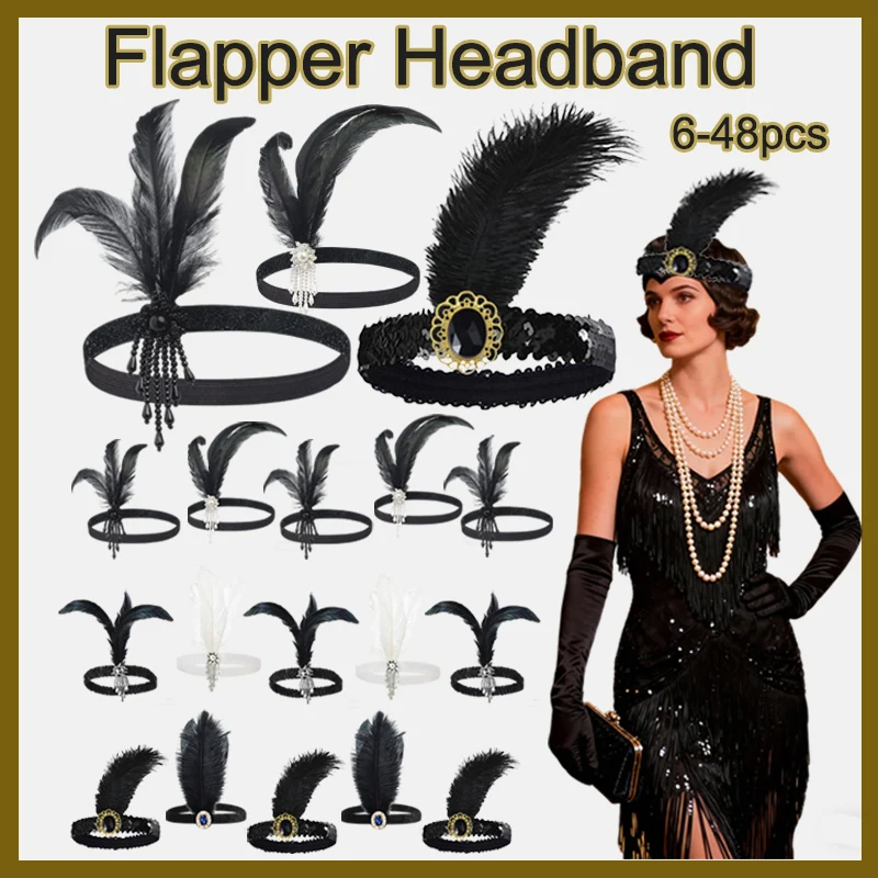 6-48 Uds. Diadema Flapper de los años 20, accesorios Gatsby para mujer, tocados de plumas, accesorios para el cabello para fiesta temática de los años 20, Carnaval